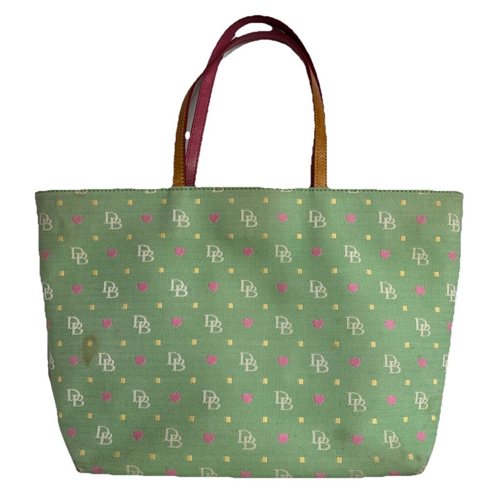 Vtg Dooney And Bourke Mint Green With Hearts Canvas And Leather Tote Bag